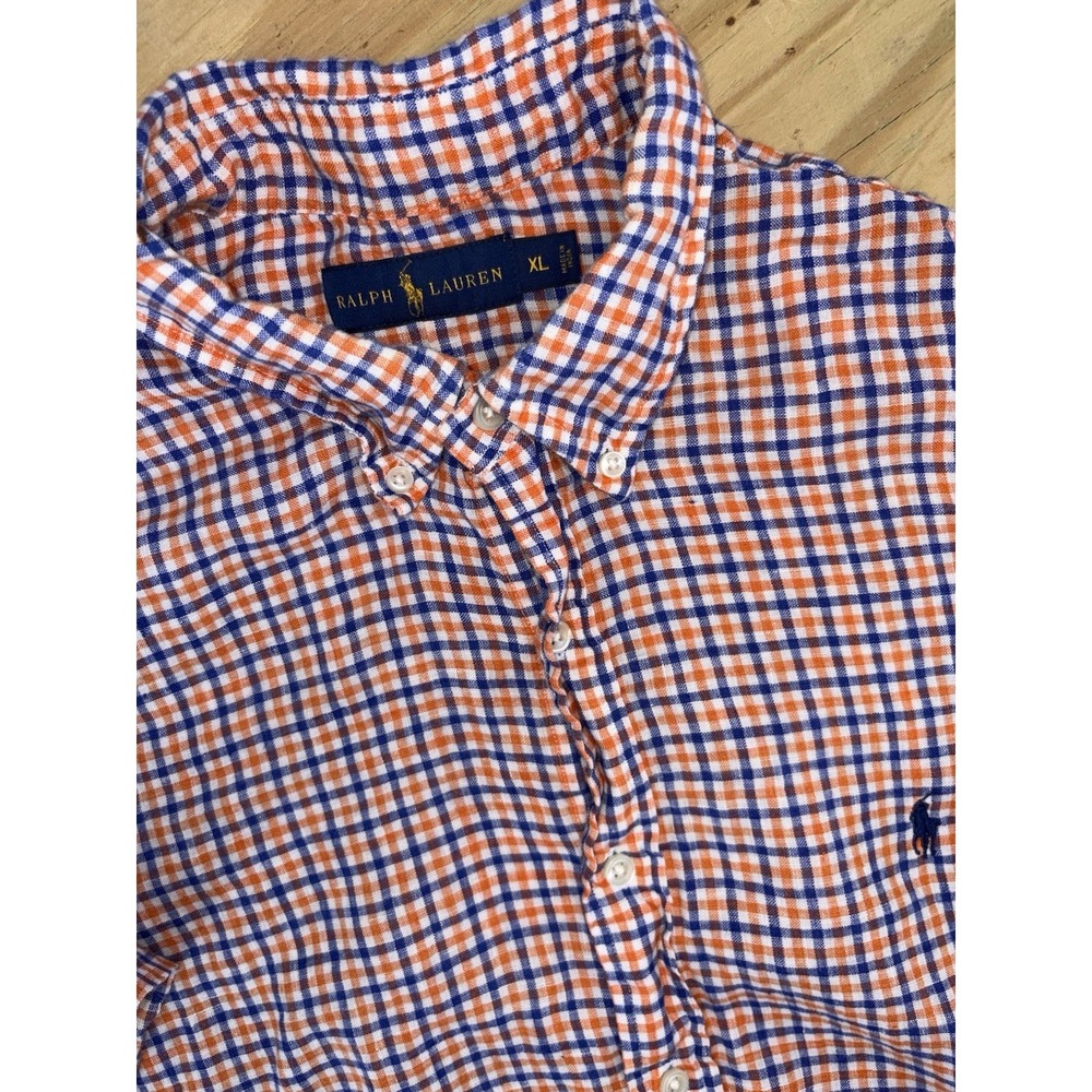 Polo Ralph Lauren Linen Short Sleeve Button Down XL Orange Blue Plaid Check